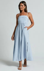 Carlyn Midi Dress - Linen Detachable Straps in Blue