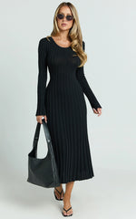 Blaire Midi Dress - Long Sleeve Tie Back Flare Dress in Black