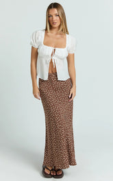 Ruby Maxi Skirt - High Waisted Bias Cut Skirt in Chocolate Polka Dot