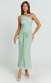 Mandy Midi Dress - Knot Detail Cut Out Mesh Dress in Sage