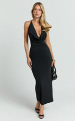 Roxanne Midi Dress - Low Cowl Open Back Slip Dress in Black