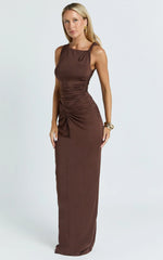 Ginny Maxi Dress - Jersey Ruched V Waist Dress in Chocolate
