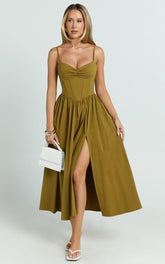 Maddie Midi Dress - Sweetheart Fit And Flare Gathered Dress in Khaki