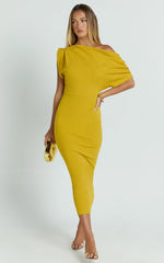 Nalfie Midi Dress - Tipped Shoulder Jersey Drape Dress in Mustard