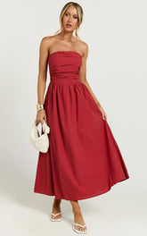 Polly Midi Dress - Strapless Ruched Dress in Red
