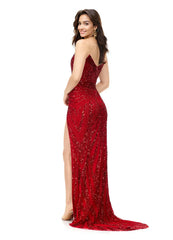 Long Fitted V Neck Slit Beaded Sequin Prom Dress Pageant Gown