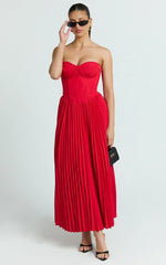 Loretta Midi Dress - Lace Up Back Bustier Pleated Dress in Red