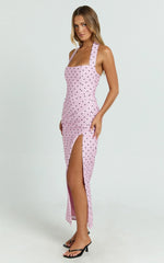 Leni Midi Dress - Halter V Neck Tucked Side Leg Split Skirt Fitted Dress in Pink