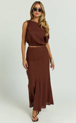 Collins Midi Skirt - Linen Look High Waisted Linen Look Bias Slip Skirt in Chocolate