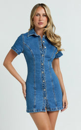 Laine Mini Dress - Button Down Denim Shirt Dress in Mid Blue Wash