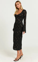 Kathy Midi Dress - Scoop Neck Long Sleeve Jacquard Textured Dress in Black