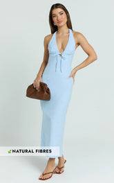 Lyla Midi Dress - Tie Front Plunge Halter Linen Blend Dress in Blue