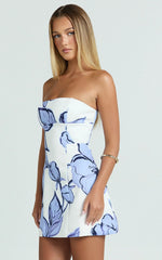 Catharine Mini Dress - Strapless A Line Dress in Blue Floral
