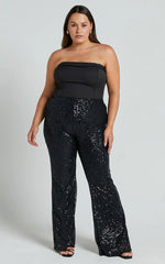 Deliza Pants - Mid Waisted Sequin Flare Pants in Black