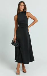 Macy Midi Dress - High Neck A Line Dress in Black