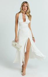 Carmela Midi Dress - Gather Bust and Shoulder Strap With Front Leg Split Dress in Off White