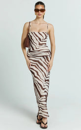 Gwendolyn Maxi Dress - Zebra Bias Spaghetti Strap Dress in Choc Zebra