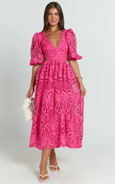 Anieshaya Midi Dress - V Neck Cut Out Lace Dress in Pink