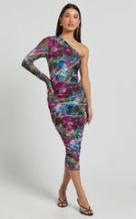 Pepper Midi Dress - One Shoulder Ruched Mesh Dress in Ethereal Iris Print