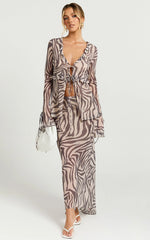 Rita Top - Georgette Tie Front Flared Sleeve Top in Abstract Zebra Print