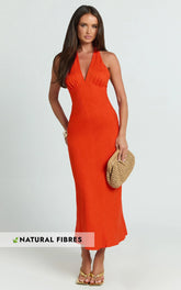 Adele Midi Dress - Halter Plunge Bias Cut Dress in Orange