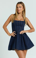Hayes Mini Dress - Halter Neck Corset Bodice Dress in Dark Blue