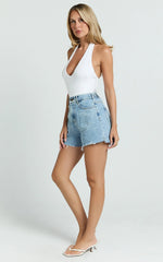 Renee Shorts - High Waisted Frayed Hem Denim Shorts in Light Blue Wash