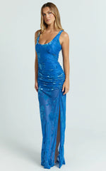 Inez Maxi Dress - Scoop Neck Gathered Front Split Dress in Blue