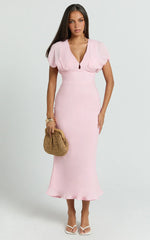 Desiree Midi Dress - V Neck Flutter Short Sleeve Slip Dress in Pink
