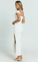 Farrow Midi Dress - Cap Sleeve Ruched Bust Fitted Dress in Off White