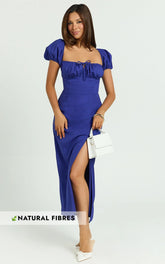 Robin Midi Linen Blend Dress - Puff Sleeve High Split Dress in Navy