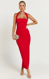 Salome Midi Dress - Halter Neck Column Dress in Red