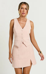 Iggy Mini Skirt - High Waist Split Boucle Skirt in Pink