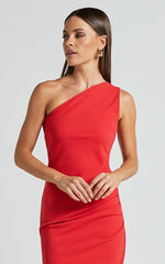 Monette Midi Dress - One Shoulder Straight Dress in Orange Red