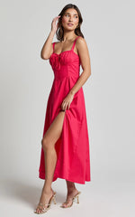 Maiya Midi Dress - Tie Front Fitted Bodice Dress in Hot Pink