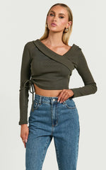 Keisha Top - Asymmetrical Long Sleeve Drawstring Top in Dark Olive
