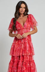 Leianna Midi Dress - Tulle Flutter Sleeve Tiered Ruffle Dress in Sunset Floral