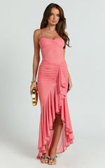 Brionna Midi Dress - Lace Neck Ruched Ruffle Hem Dress in Strawberry