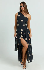 Darlynne Midi Dress - One Shoulder Dress in Black Polkadot