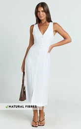 Juliet Midi Dress - Button Through V Neck Dress in White
