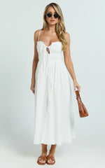 Lucienne Midi Dress - Ruched Button Up Front Dress in White