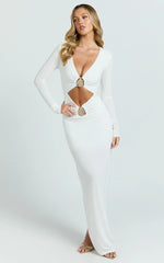Dakota Maxi Dress - Long Sleeve V Neck Bodycon Dress in Cream