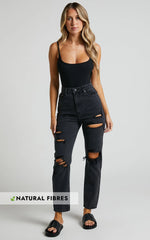 Billie Jeans - High Waisted Cotton Distressed Mom Denim Jeans in Black Wash