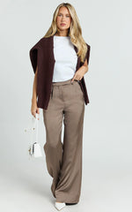 Cade Pants - Mid Waisted Front Pleat Satin Wide Leg Pants in Taupe
