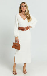 Kartia Midi Dress - V Neck Knit Dress in Off White
