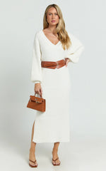 Kartia Midi Dress - V Neck Knit Dress in Off White
