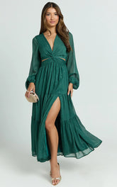 Edelyn Midi Dress - Cut Out Balloon Sleeve Tiered Dress in Emerald