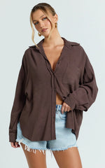 Leanne Top - Button Down Linen Blend Long Sleeve Shirt in Chocolate