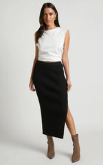 Andalucia Midi Skirt - Ribbed Side Split Skirt in Black