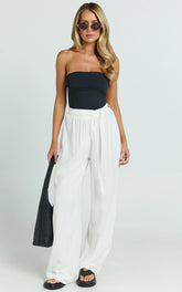 Kalli Pants - Linen Look Belted Wide Leg Relaxed Pants in White